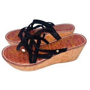 Sam Edelman Nayla Black Suede Cork Platform Wedge Sandals 7.5 Boho Comfort Shoe